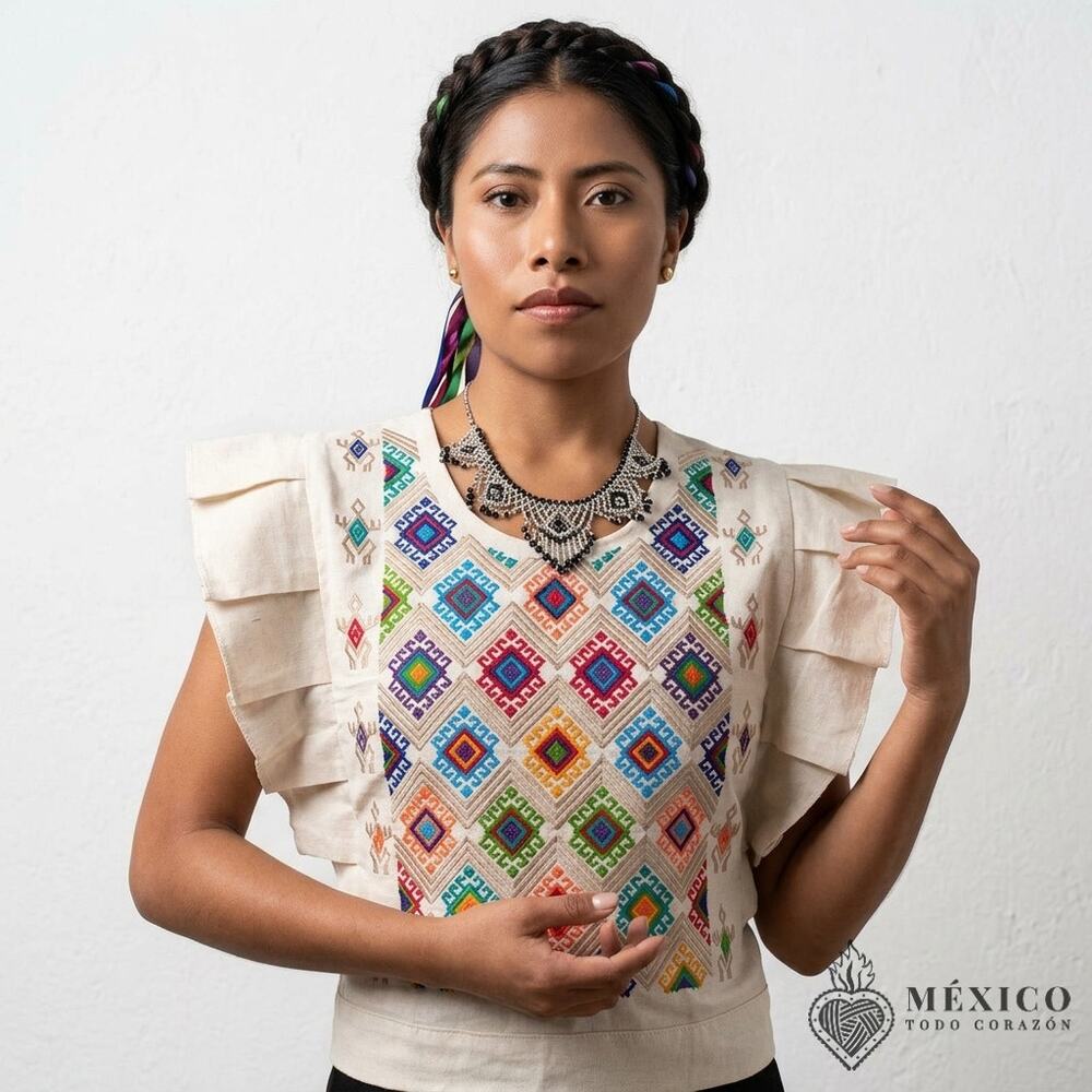 Traditional Mexican Huipil style Blouse – Handmade Embroidered Manta Top   S M L